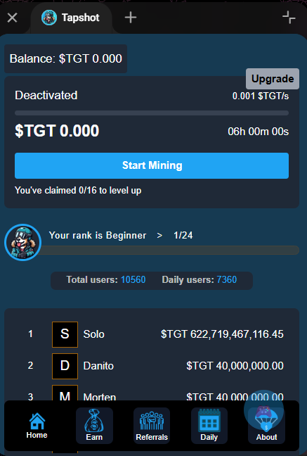 Screenshot of a tap-to-earn Web3 game interface built on the TON Network